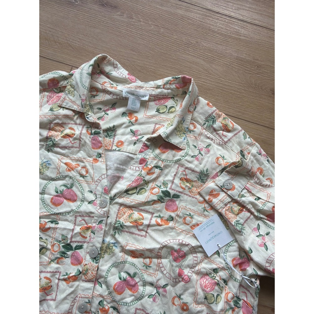 Cynthia‎ Rowley Women 2X Linen Blend Fruit Stamp Print Button Down Shirt resort